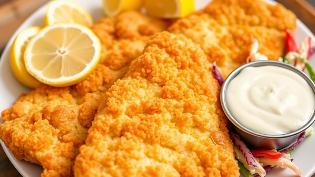 Crispy Southern Fried Catfish Recipe Crispy fried catfish fillets served with lemon wedges and tartar sauce on a plate.